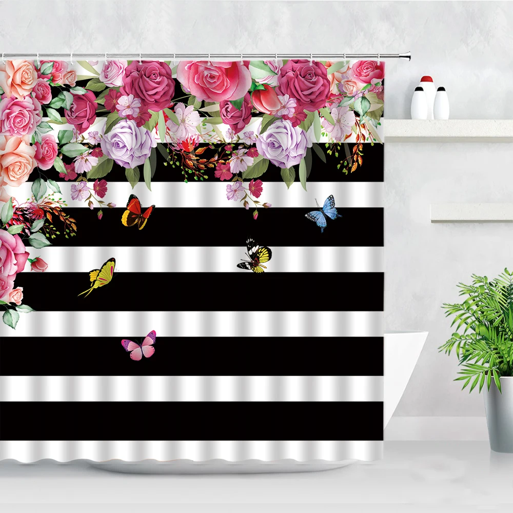 

Spring Floral Black White Stripes Decor Shower Curtains Flowers Butterfly Pattern Modern Waterproof Bathroom Curtain With Hooks