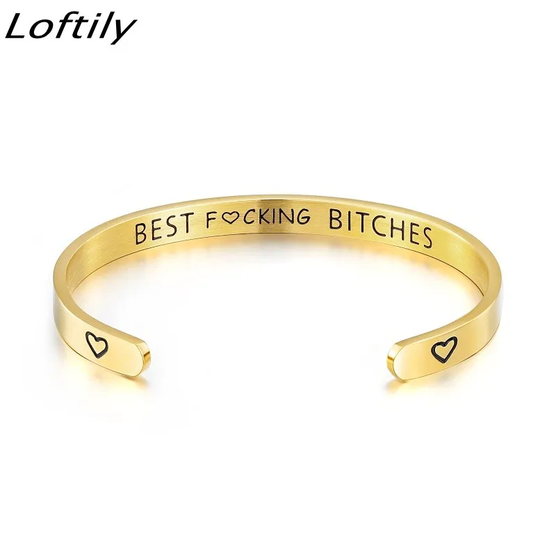 6mm Letters Engraved Best Bitches Bracelet Cuff Open Stainless Steel for Women Ladybro Friends pulseira Gift Jewelry | Украшения и