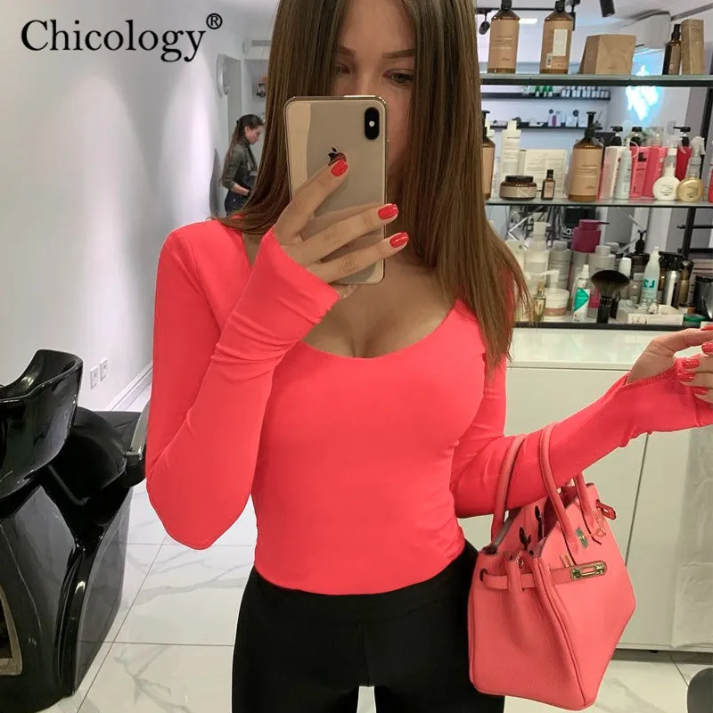 Chicology solid low cut sexy body suit women long sleeve bodysuit 2019 summer streetwear female one piece clothing |
