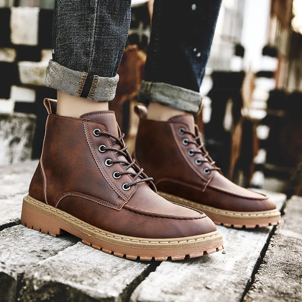 Коричневые ботинки на плоской подошве с круглым носком Мужская мода
