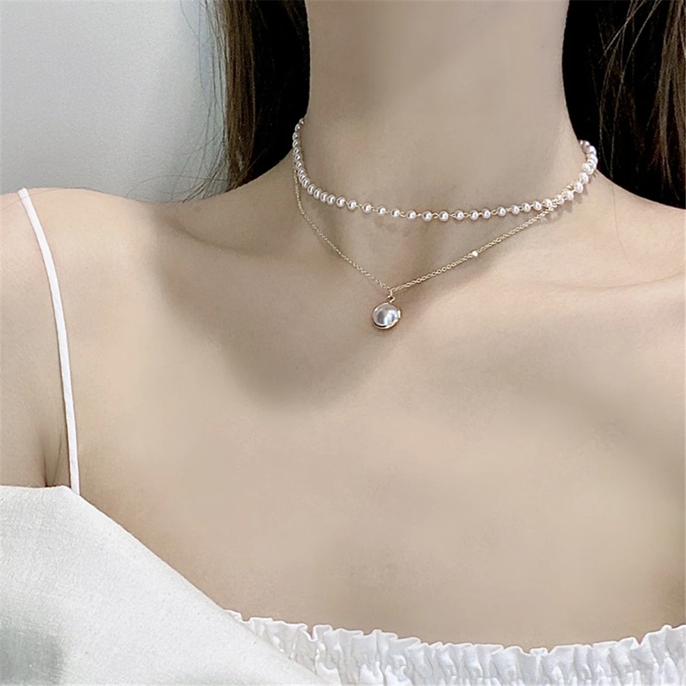

New 2021 Summer fashion personality niche contracted neck chain design double chain necklace women sweet pearl clavicle