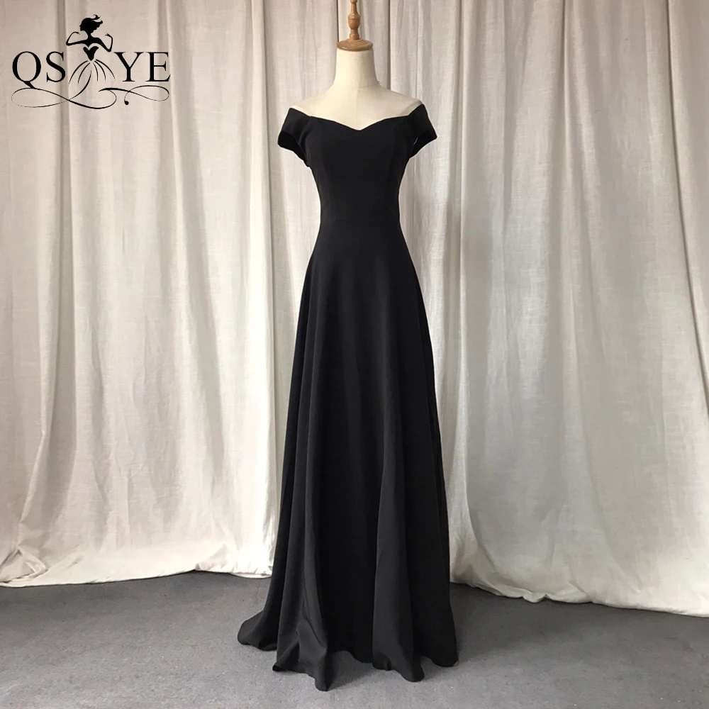 

Black Prom Dresses Off Shoulder Stretch Satin Evening Dress Side Sleeves A line Empire Heavy Crepe Black Long Formal Party Gown