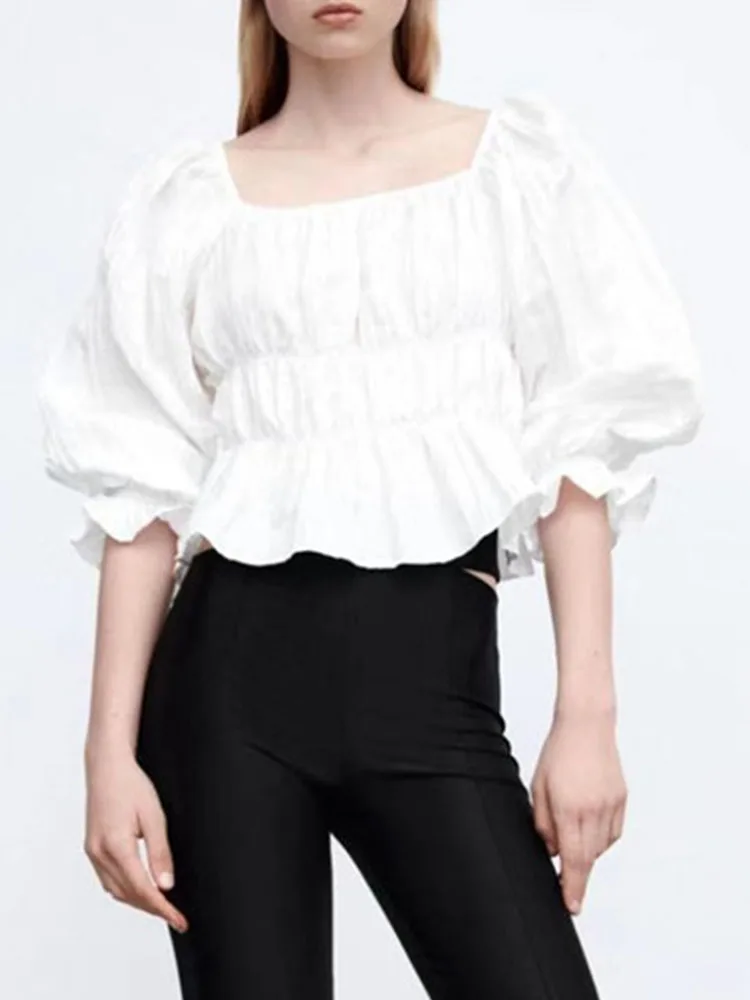 

Женская рубашка с пышными рукавами ZA, приталенная эластичная рубашка с квадратным вырезом и оборками, для ранней осени