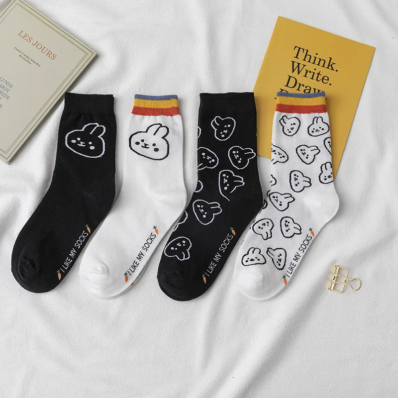 

Cartoon Jacquard Pure Cotton Socks Women Creative Funny Rabbit Head Rainbow Socks Streetwear Preppy Style In Tube Cute Sock