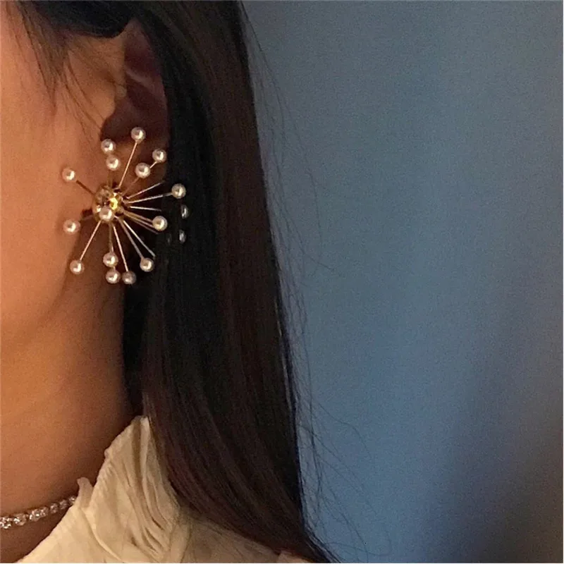 Женские серьги-гвоздики с жемчугом EAM сережки-подвески в виде фейерверков