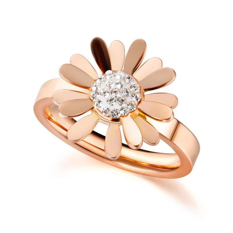 Temperament Ring Daisy Flower With Rhinestone CZ Stainless Steel Ring Lady