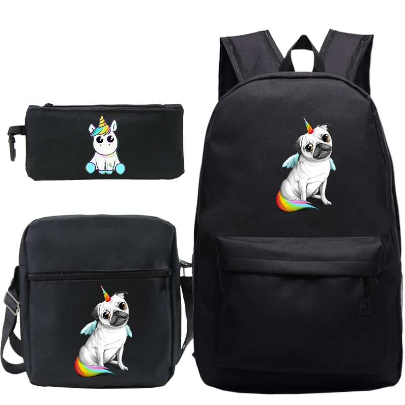 

3Pcs/Set Mochila Feminina Dab Unicorn Backpack Women Tote Pencil Case Funny Pug School Bags Zaino Plecak with Bag