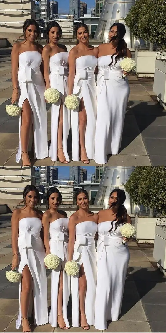 Милое белое платье подружки невесты длинное 2020 атласное свадебное для гостей с