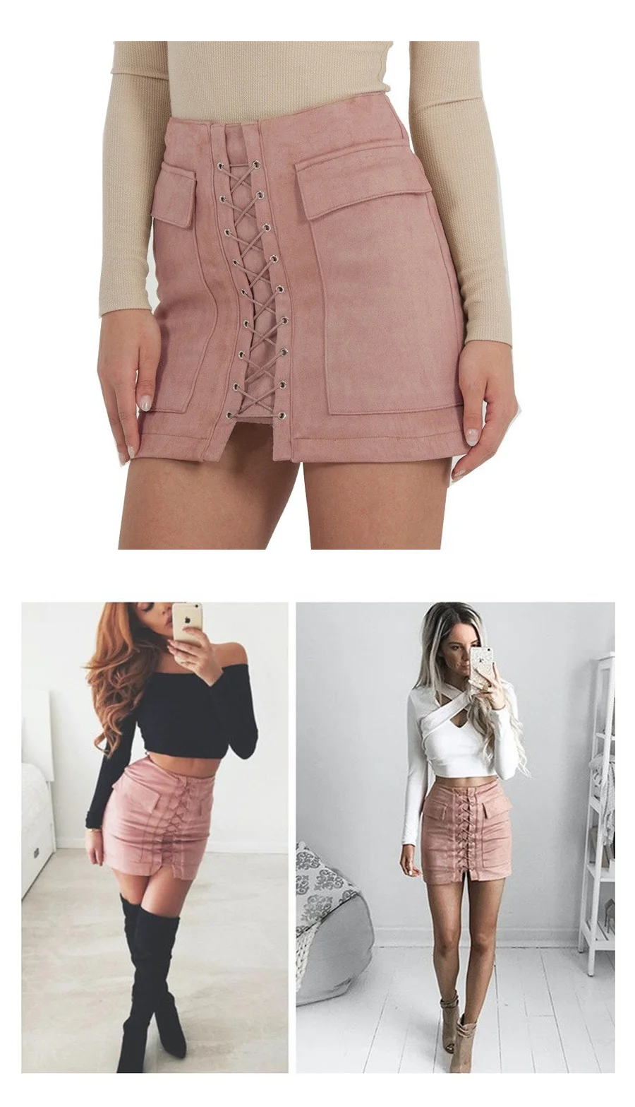 

Fashion Elegant Women Ladies Fall Winter Skirts High Waist Strap Solid Slim A-Line Suede Leather Mini Skirts 7 Style