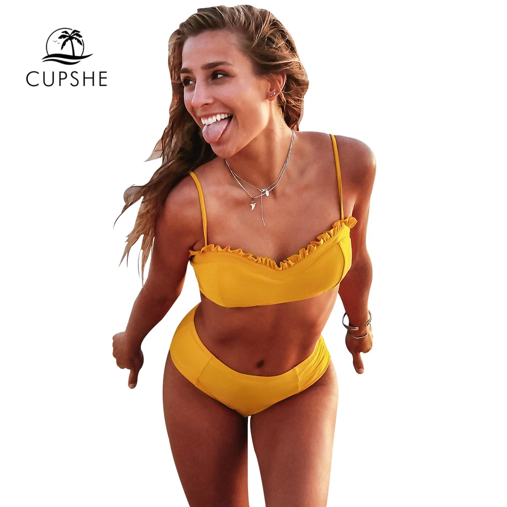 CUPSHE желтый гофрированный бандо с высокой талией Наборы бикини сексуальный