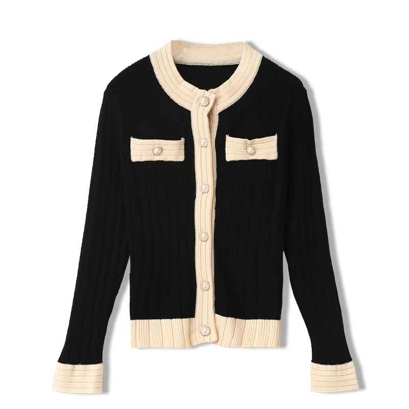 

Autumn Pocket Women Sweater Knitted O-Neck Outwear Elegant Jumpers Long Sleeve Slim Button Pearl Top Office Lady Cardigans