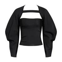 puff sleeve tunic coat black suit casual two piece set for women square collar solid sling female fall fashion
