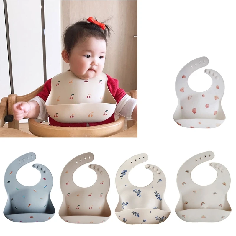 

Cartoon Printing Baby Bibs Waterproof Soft Silicone Baby Feeding Catcher Adjustable Roll up Food Pocket for Infants