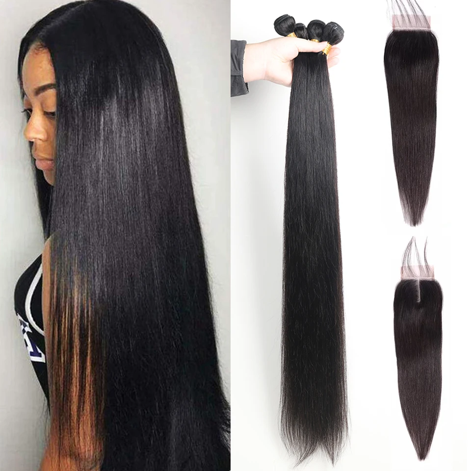 

30 Inch Straight Hair Bundles With Closure Peruvian Lace Closure With Bundles Remy Hair Weave Human Hair Bundles With Closure