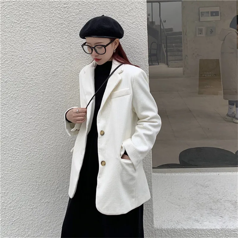 

HziriP Casual Loose Corduroy Blazer Women 2020 New Formal Vintage Loose Jacket Office Ladies Elegant Work Wear Blazers Coat Tops