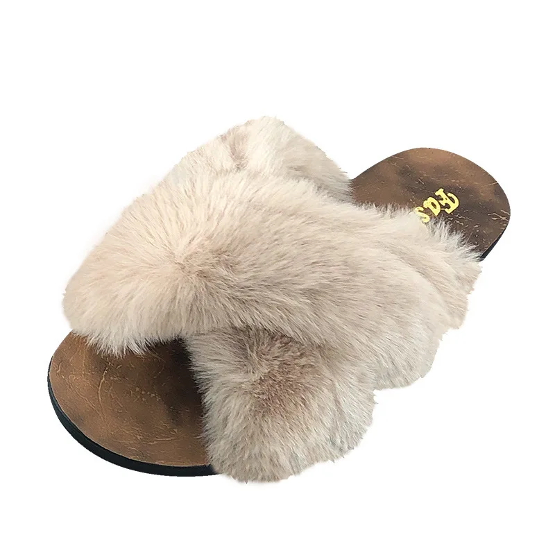 Сезон осень-зима Теплые шлепанцы с перекрестным мехом Милые плюшевые тапочки на
