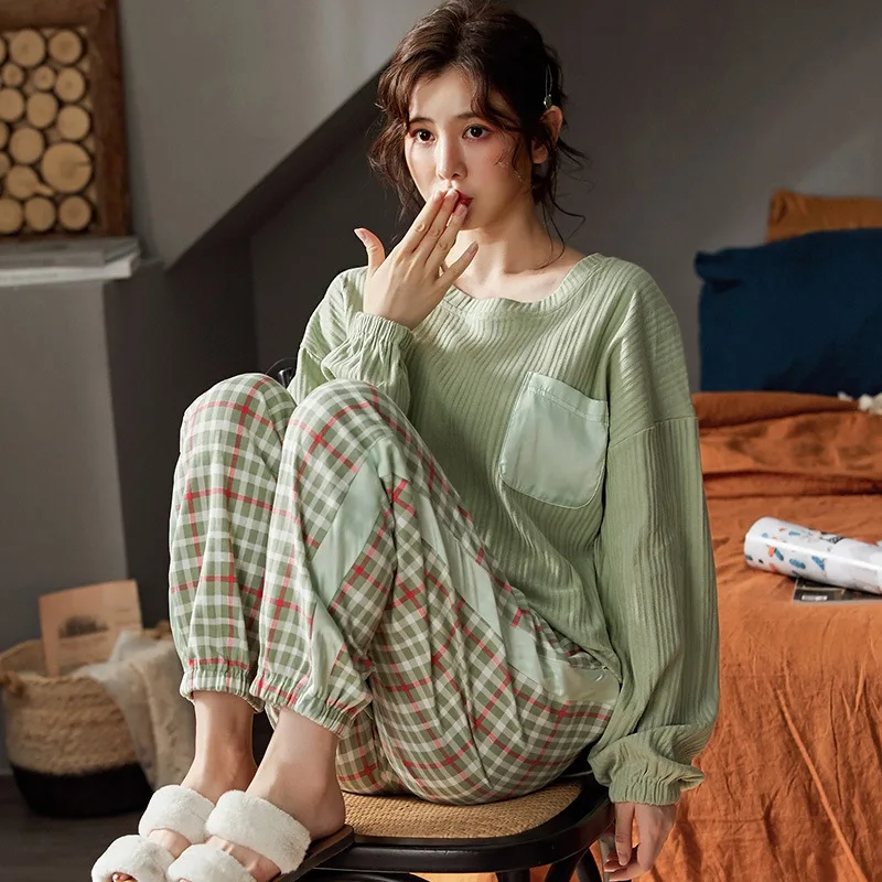 

Autumn Wainter Pajamas For Women Simple Green Simple lattice Sleepwear Women Cotton Warm Women's Pyjamas Casual Home Clothes