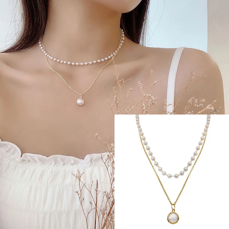 

Multi Layered Pearl Necklace for Women 2020 Fashion Statement Choker Chain Female Imitate Pearl Pendant Necklace Jewelry Gift