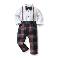 2 6 years children clothing set infants toddler kids solid white shirt plaid pants with strap formal outfits