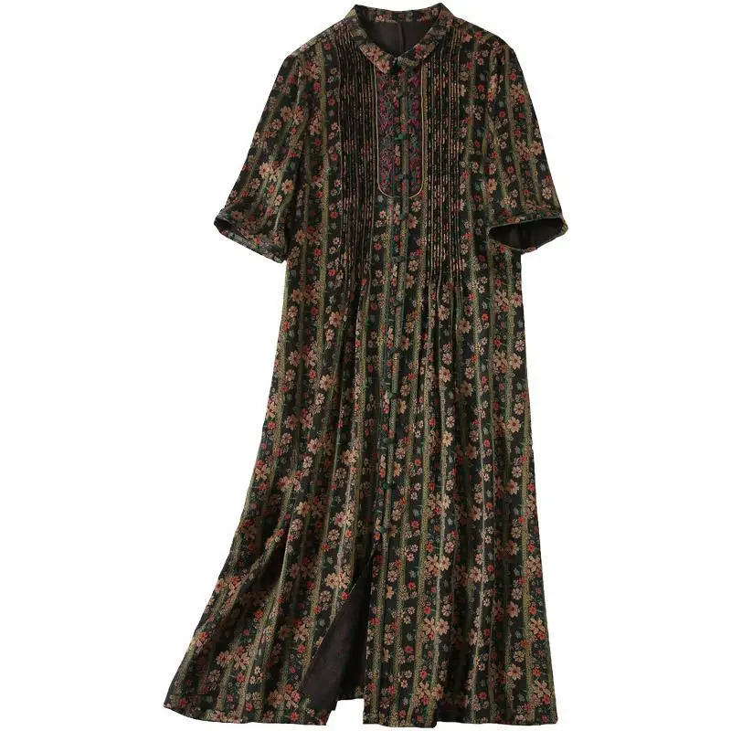 

Exquisite Embroidered Gambiered Canton Gauze Silk Dress Summer Loose Size Mother's Wear Heavy Mulberry Silk Retro Dress