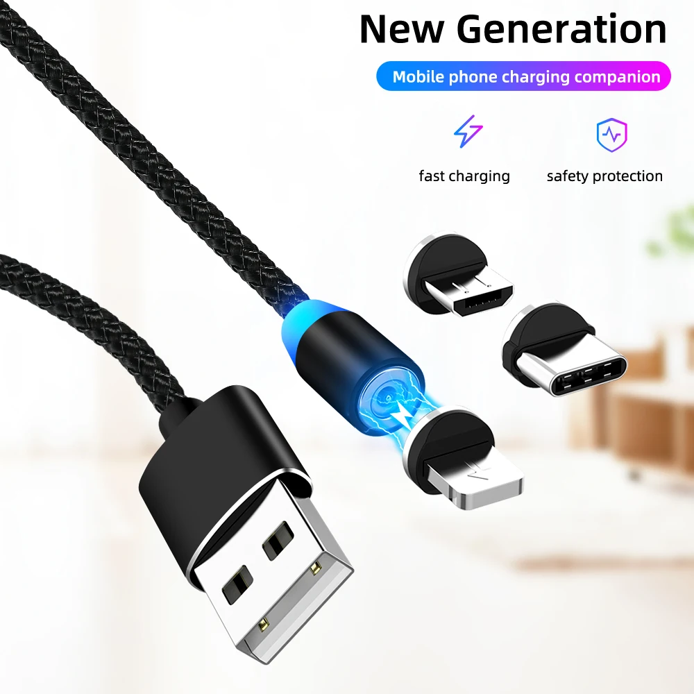 Магнитный usb-кабель для быстрой зарядки 2,1 А, Тип C, микрокабель, светодиодный, с нейлоновой оплеткой, type-C, магнитное зарядное устройство для iPhone XS X 7, samsung, 1 м, 2 м