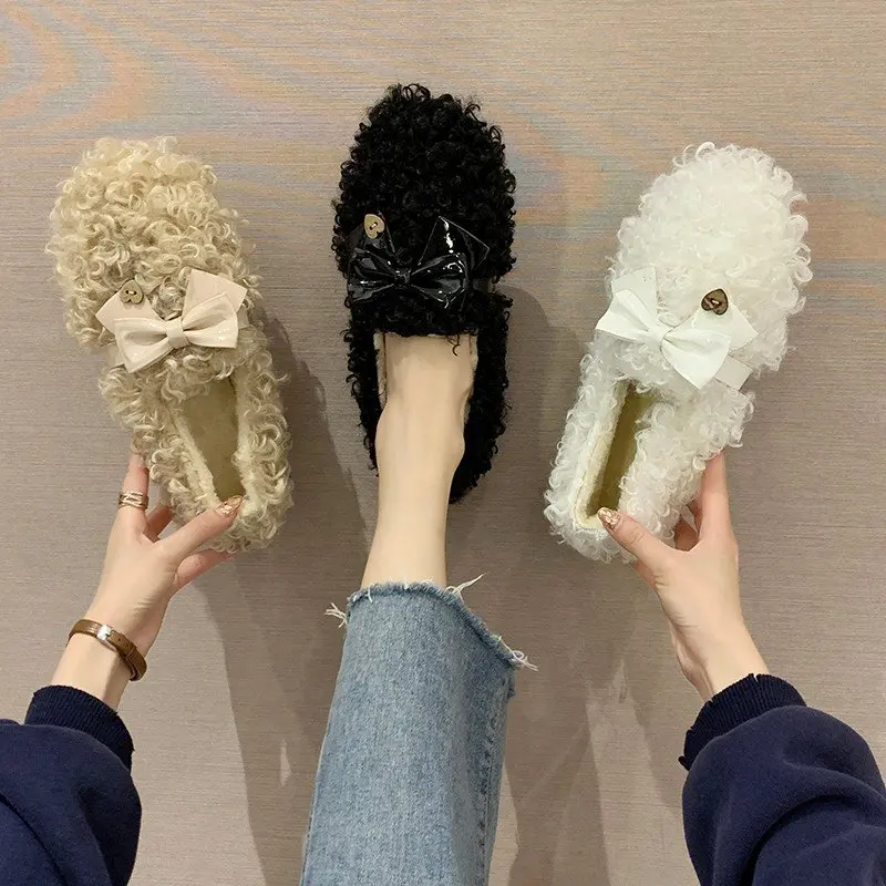 

Round Toe Women Casual Female Sneakers Loafers Fur Moccasin Shoes Autumn Bow-Knot Modis Soft Slip-on Winter Moccasins Fall New B