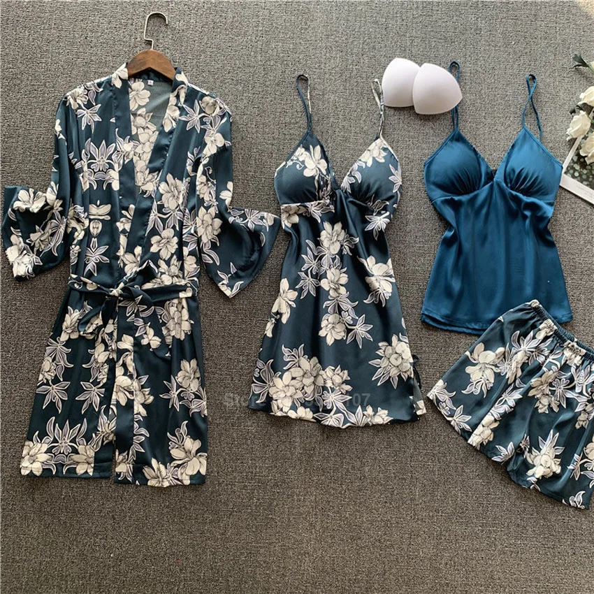

Summer Women Silk Satin Pajamas Sets 4PCs Kimono Floral Pyjamas Loungewear Set Smooth Sexy Robe Sleepwear with Chest Pads