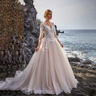 Элегантное пляжное свадебное платье с круглым вырезом, длинными рукавами 34, трапециевидной формы, винтажные платья с аппликацией