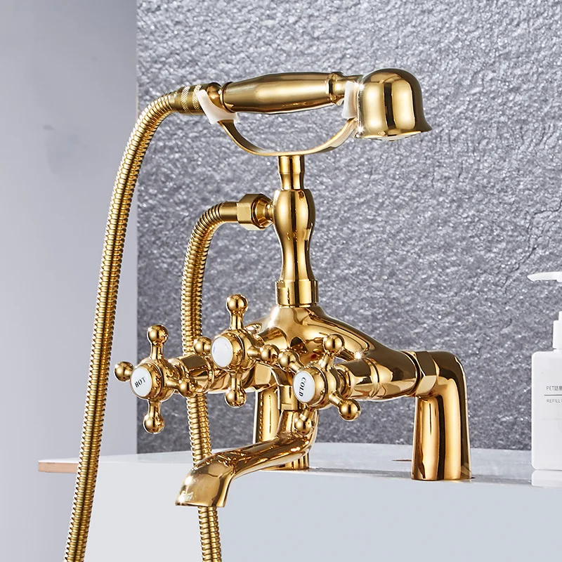 

Advanced bathroom double hole classical telephone golden bathtub faucet sitting upright shower shower hand spray faucet