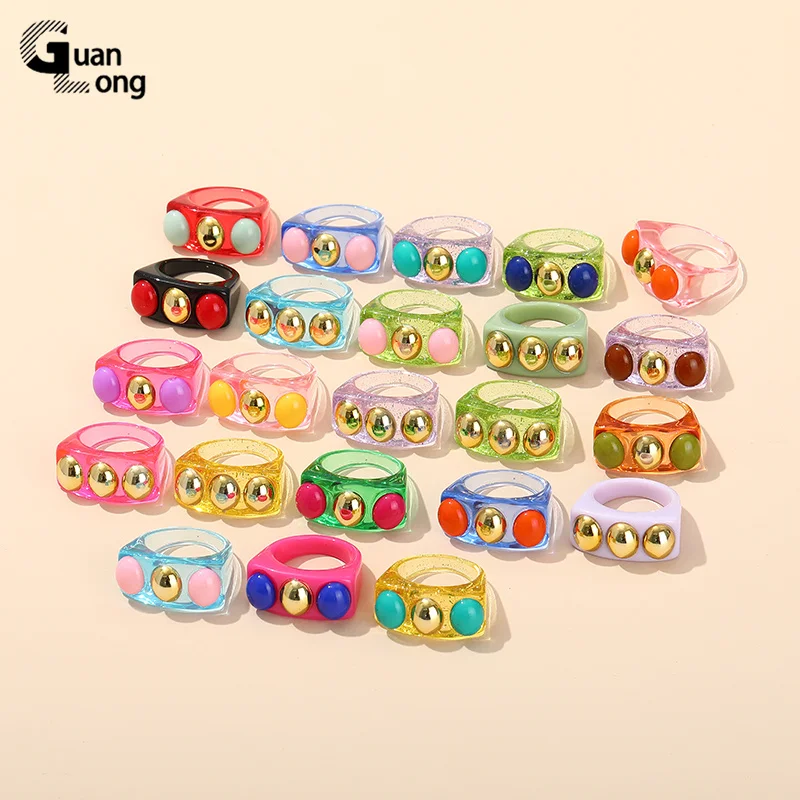 

2021 New Resin Round Geometric Rectangle Korean Rings for Women Fashion Cartoon Punk Ring Iadies Banquet Party Jewelry Gifts