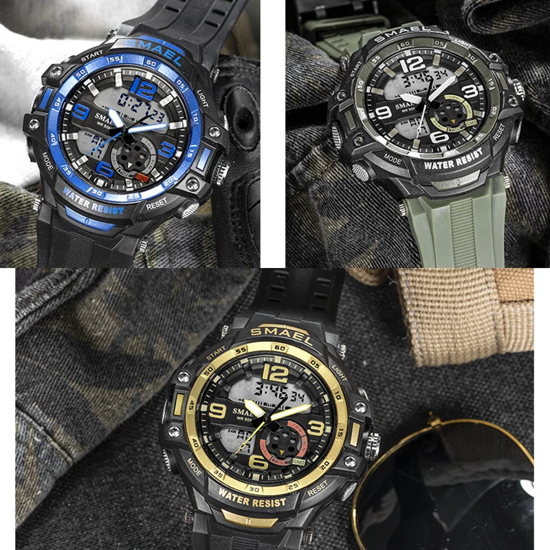 Часы SMAEL Мужские кварцевые аналоговые модные спортивные светодиодные цифровые