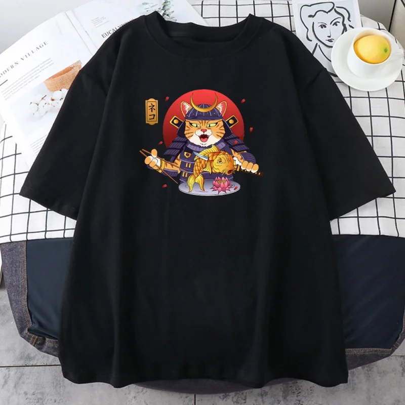 

Ukiyoe gato impressão mulher t camisa oversized verão manga curta topos moda feminina roupas hip hop o pescoço solto streetewear