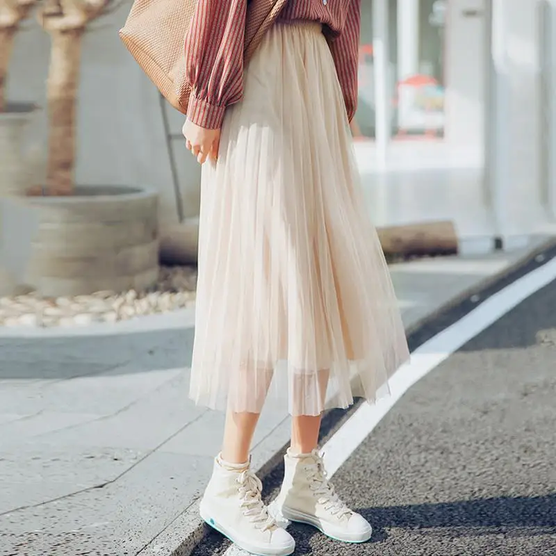 

Spring High Waist Mesh Skirt A- line Pleated Skirt