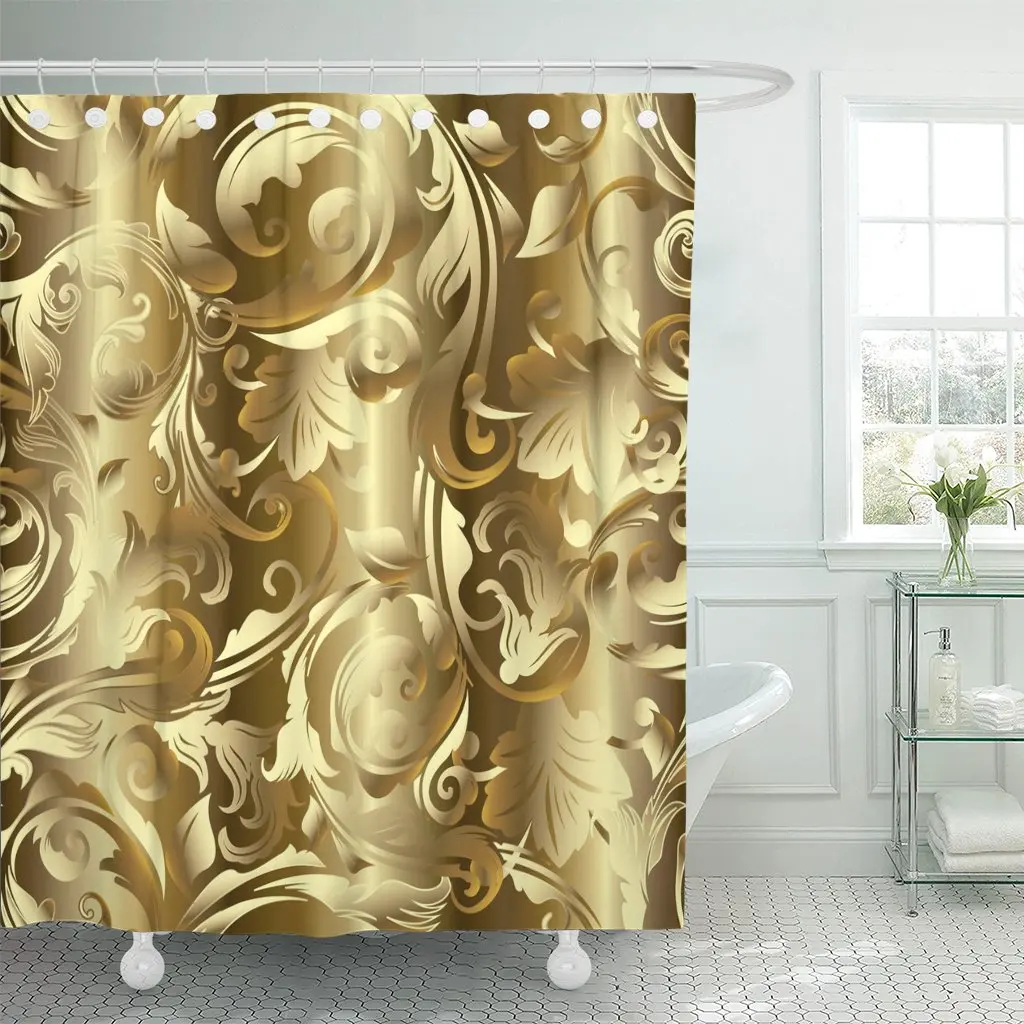 

Floral Baroque Damask Vintage 3D Gold Flowers Leaves Shower Curtain Waterproof Polyester Fabric 60 x 72 Inches with Hooks