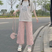 qweek kawaii pink wide leg pants women soft girl heart print cotton beige trousers for female oversize loose korean fashion