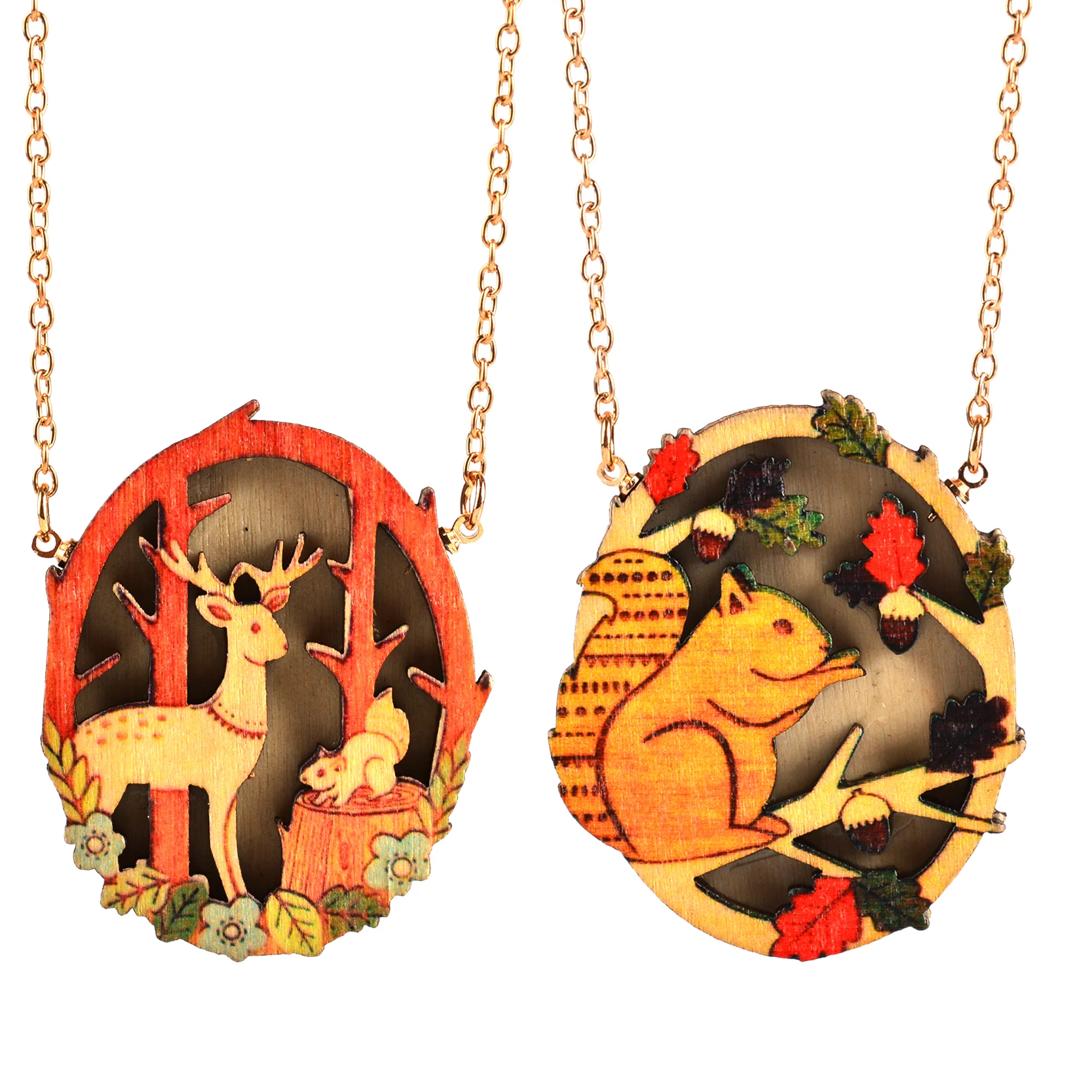Новинка милый олень белка сосна деревянная подвеска ожерелье Золотая цепь для