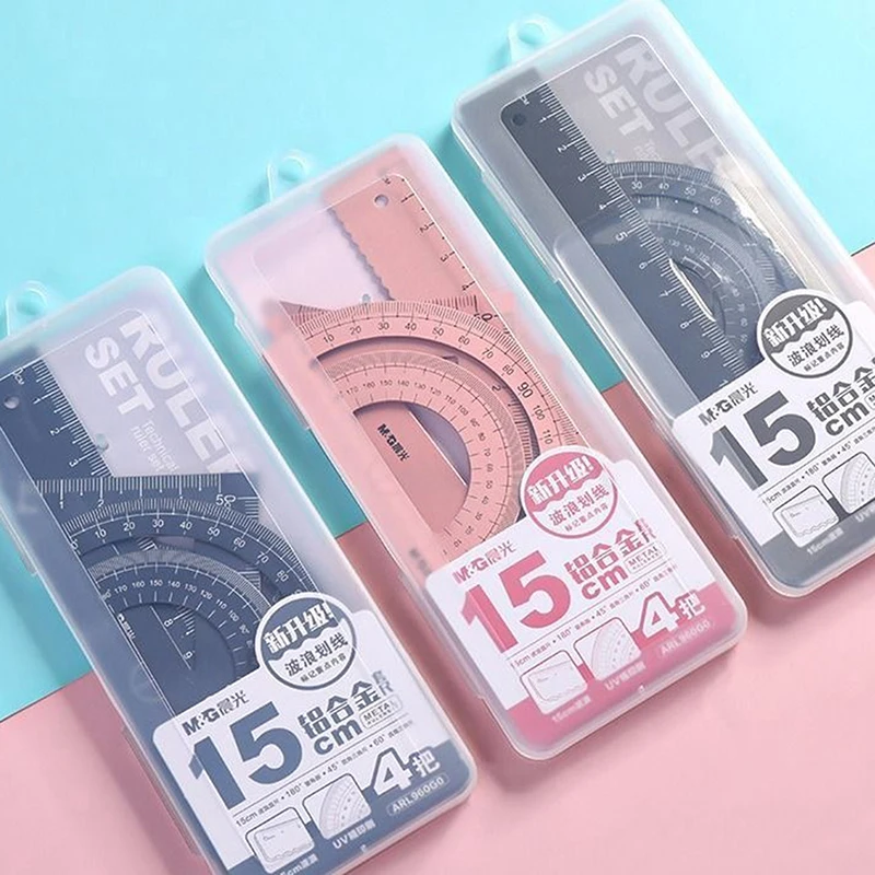 

4 шт./компл. школьные принадлежности, Алюминиевая линейка, набор металлических/пластиковых/мягких геометрических компасов для математики и ...