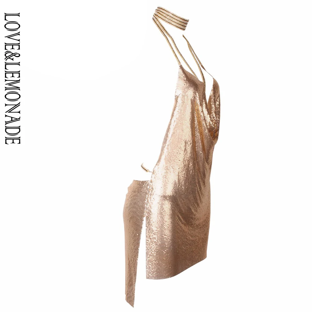 Женское вечернее платье LOVE & LEMONADE золотистое с лямкой на шее модель LM80868|party