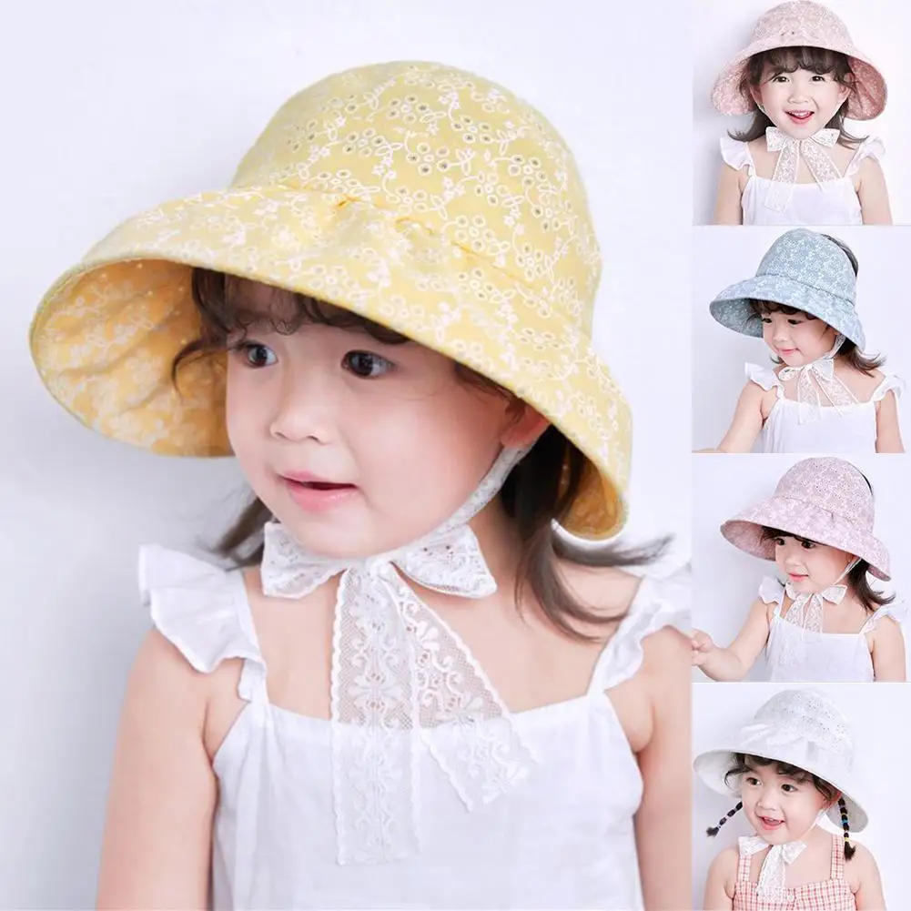 

HOT SALES !!!Floral Kids Empty Top Wide Brim Lace Chin Strap Suncap Summer Protective Hat