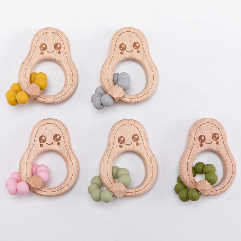 

1pc Baby Teether Wooden Avocado Beads Rattle Nursing Bracelet BPA Free Silicone Teething Beads Baby Beech Rattles Nurse Gift Toy