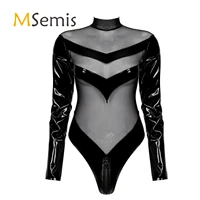 womens lingerie see through bodysuit mesh patchwork long sleeve zipper back mock neck catsuit patent leather leotard clubwear