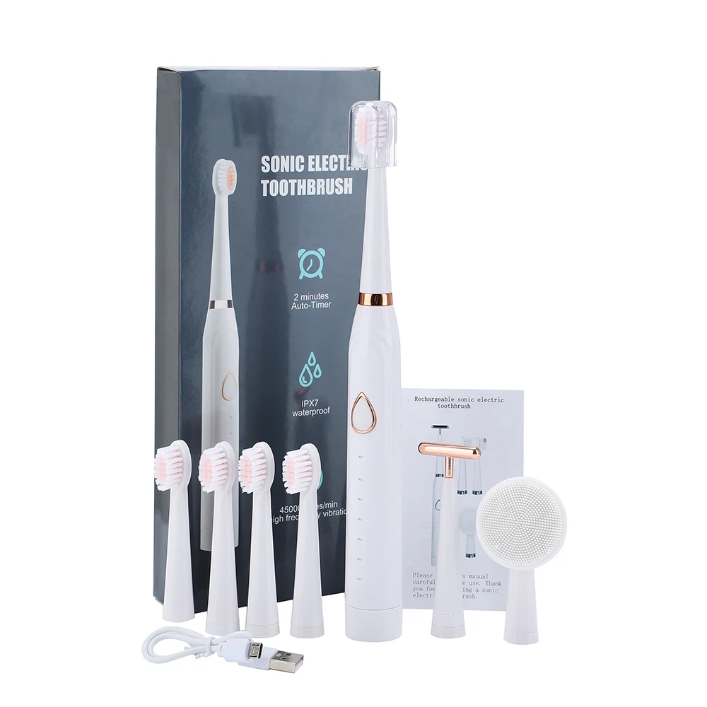 

Sonic Rechargeable Electric Toothbrush with 5 Replacement Brush Heads 2 Minutes Timer 6 Modes Waterproof Teeth Whitening