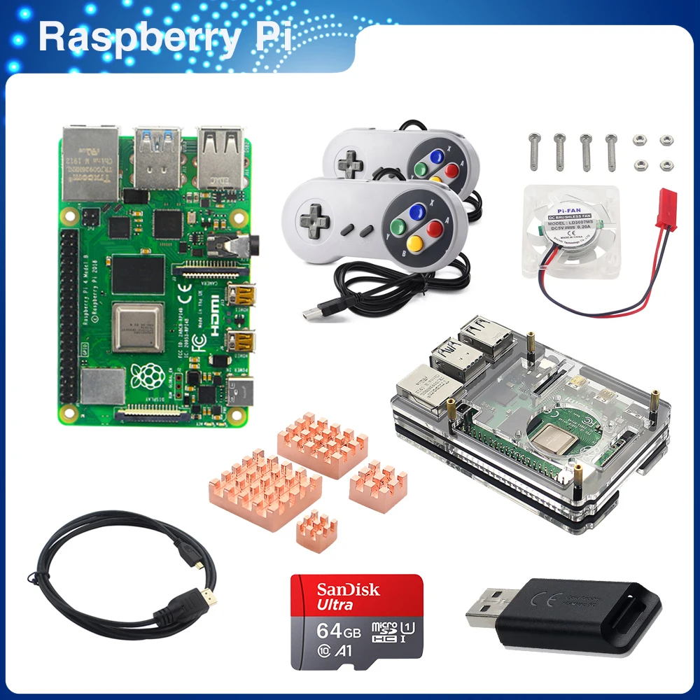 

ITINIT R117 Raspberry Pi 4 Model B Kit 2/4/8GB + 64G/32GB SD Card + Wired Gamepad + Case + Copper Heat Sink + Video Cable + Fan