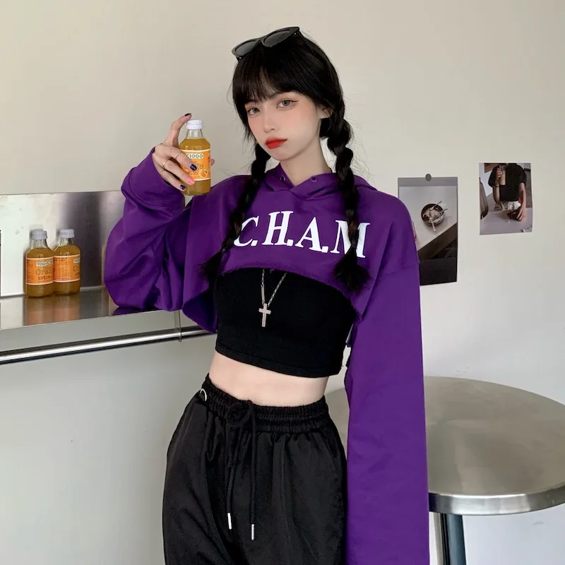 

2020 new autumn super short top women Korean version loose purple reflective letters long-sleeved hooded sweatshirt