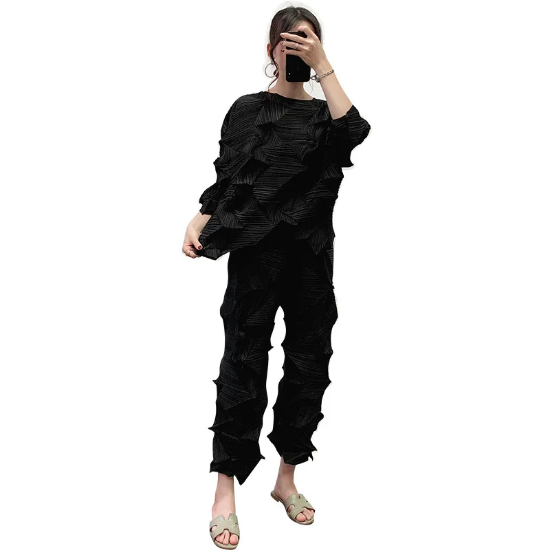

LANMREM 2021 Roud Neck Full Sleeves Pleated Three Quarter Sleeves T-shirt And High Waist Elastic Wide Legs Pants Set 19B-a595