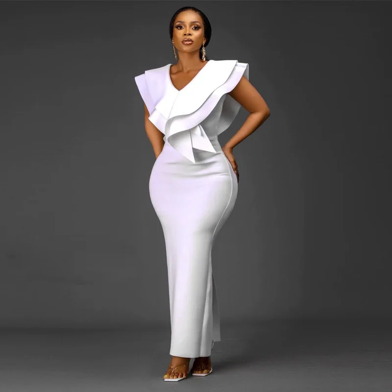 

High Waist Bag Hip Slim Party White Dress Night Date Out Clubwear Long Dress V Neck Ruffles Sexy Party Dress for Women
