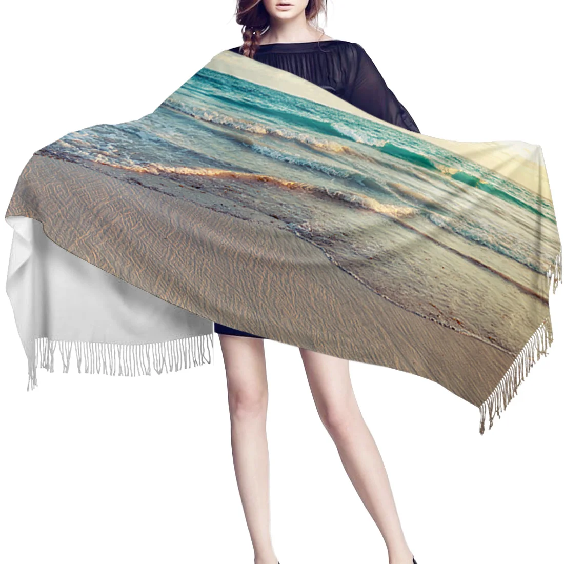 Женский кашемировый шарф с принтом длинный теплый тонкий закатом на пляже лето| |