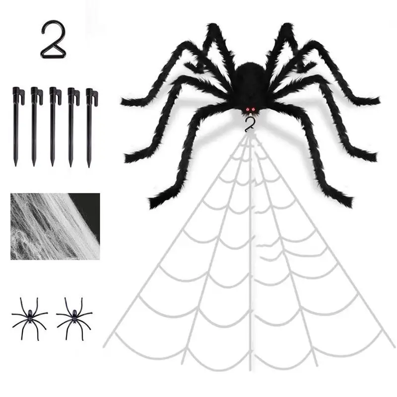 

49 inch Horror Giant Black Spiders with Giant Cobweb Halloween Party Decoration Props Haunted House Decor Outdoor Fake Spider