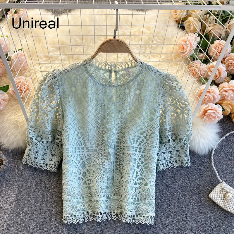 

Unireal 2021 Summer Women Lace Blouse Shirt Short Sleeve Hollow Out Sexy White Pink Lace Blouse Vintage Tops
