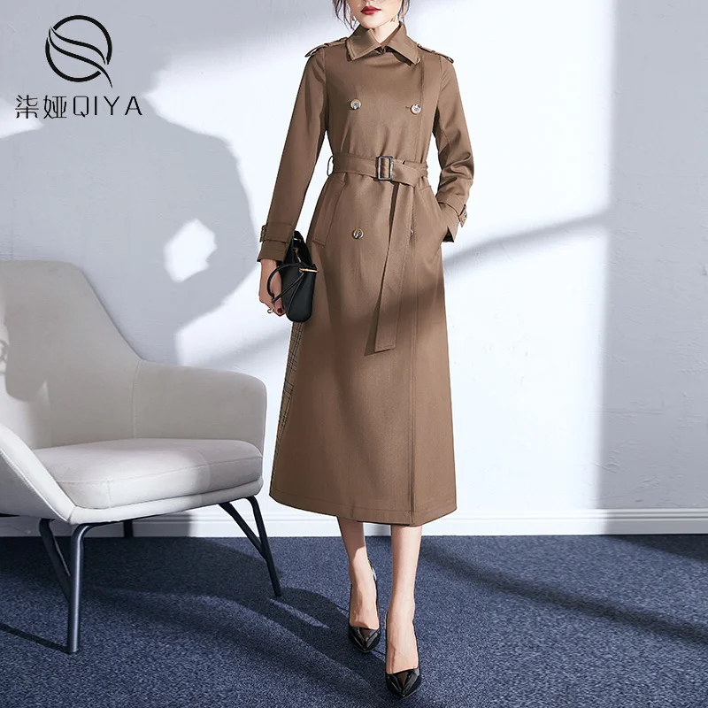 

Women's windbreaker coat hanging temperament 2021 new medium and long spring fashion super long knee Plaid color matching coat